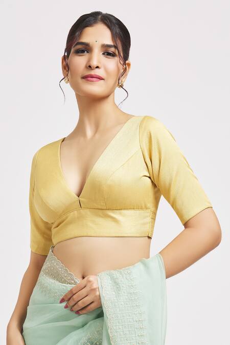 Naintara Bajaj Gold Silk Plunge Neck V Plain Blouse Online at Aza Fashions Naintara Bajaj_Gold Silk Plunge Neck V Plain Blouse _Online_at_Aza_Fashions