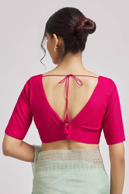 Shop Naintara Bajaj Pink Silk Plunge Neck V Blouse at Aza Fashions Shop_Naintara Bajaj_Pink Silk Plunge Neck V Blouse _at_Aza_Fashions
