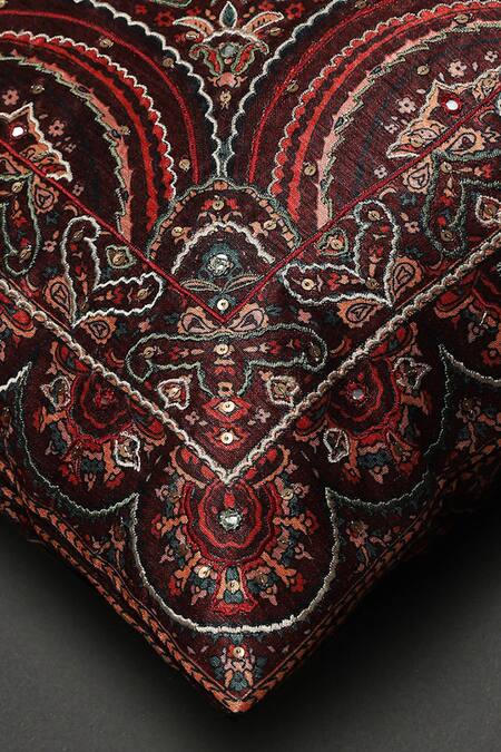 Ritu Kumar_Red Mysore Silk Embroidered Saadh Cushion With Filler_Online_at_Aza_Fashions