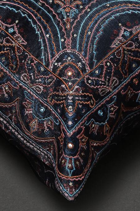 Ritu Kumar_Blue Mysore Silk Embroidered Saadh Cushion With Filler_Online_at_Aza_Fashions