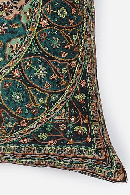 Ritu Kumar_Green Mysore Silk Embroidered Saadh Cushion With Filler_Online_at_Aza_Fashions