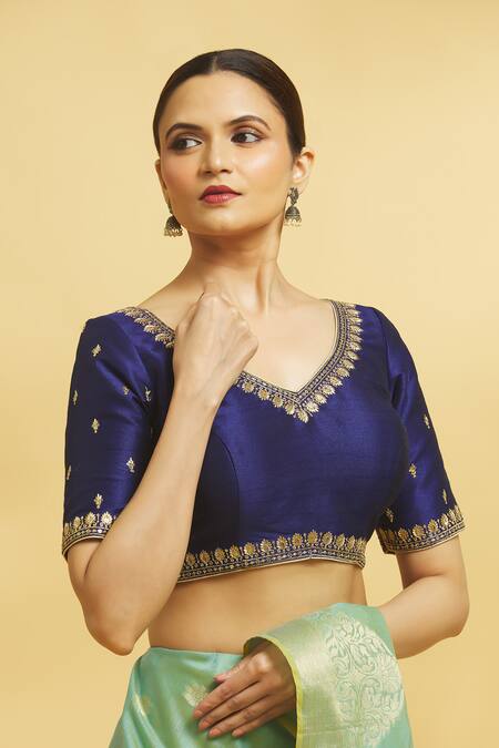 Shop_Samyukta Singhania_Blue Silk Embroidery V-neck Floral Blouse _Online_at_Aza_Fashions