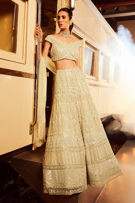 Shop Rococo Green Net Sequins, Cut Work, Embroidery The Empress Cutdana Floral Lehenga Set at Aza Fashions Shop_Rococo_Green Net Sequins, Cut Work, Embroidery The Empress Cutdana Floral Lehenga Set _at_Aza_Fashions