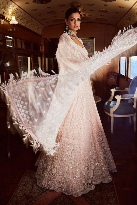 Rococo_Pink Net Pearls, Sequins, Tassels Floral Embroidered Bridal Lehenga Set _Online_at_Aza_Fashions