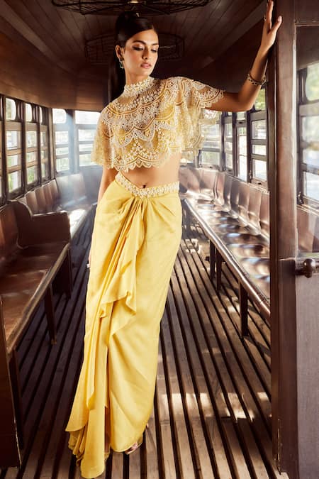 Rococo Yellow Silk, Net Pearls, Sequins Alectrona Floral Embroidered Cape Skirt Set 