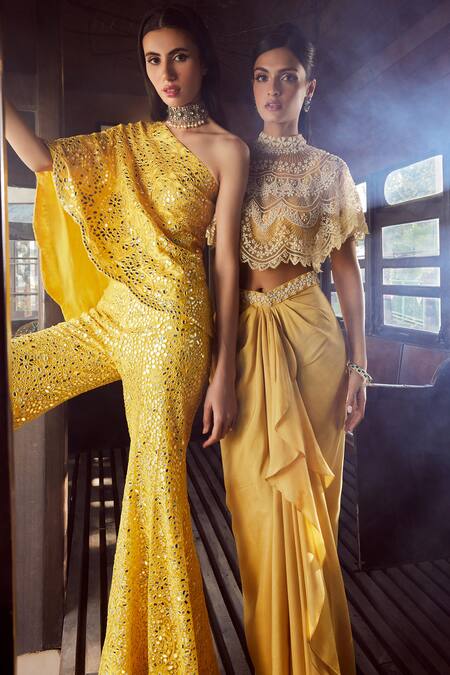 Buy_Rococo_Yellow Silk, Net Pearls, Sequins Alectrona Floral Embroidered Cape Skirt Set _Online_at_Aza_Fashions