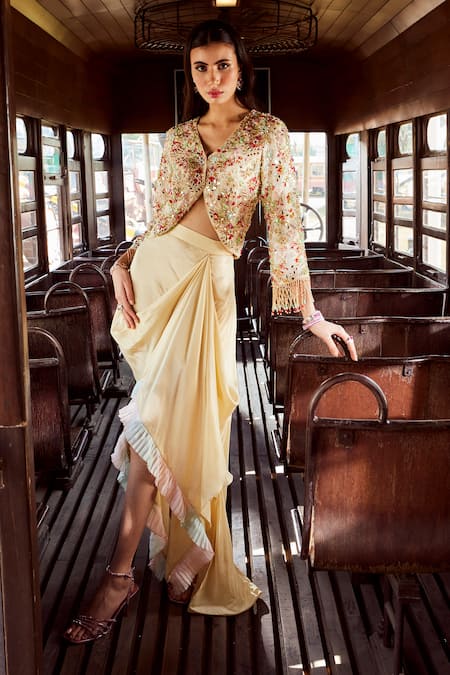 Rococo Beige Silk, Organza Crystals, Sylvania Floral Embroidered Top With Draped Skirt 