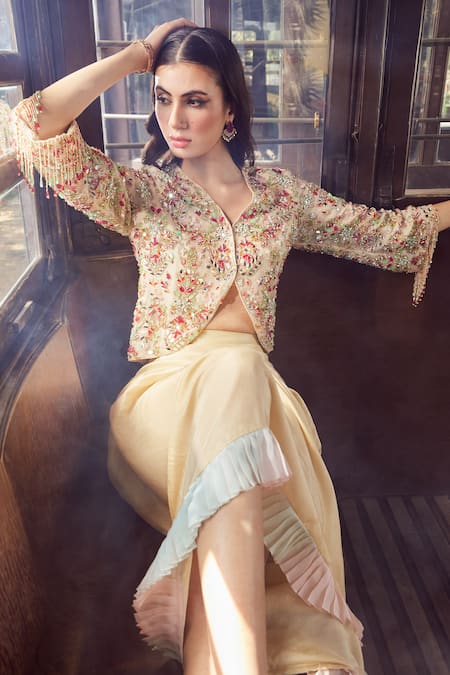 Shop Rococo Beige Silk, Organza Crystals, Sylvania Floral Embroidered Top With Draped Skirt at Aza Fashions Shop_Rococo_Beige Silk, Organza Crystals, Sylvania Floral Embroidered Top With Draped Skirt _at_Aza_Fashions