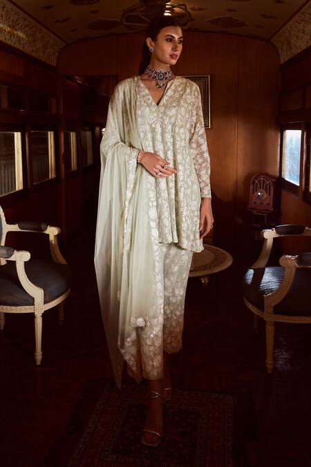 Rococo Green Net Sequins, Cut Work, Embroidery Zenith Thread Short Anarkali Pant Set Online at Aza Fashions Rococo_Green Net Sequins, Cut Work, Embroidery Zenith Thread Short Anarkali Pant Set _Online_at_Aza_Fashions