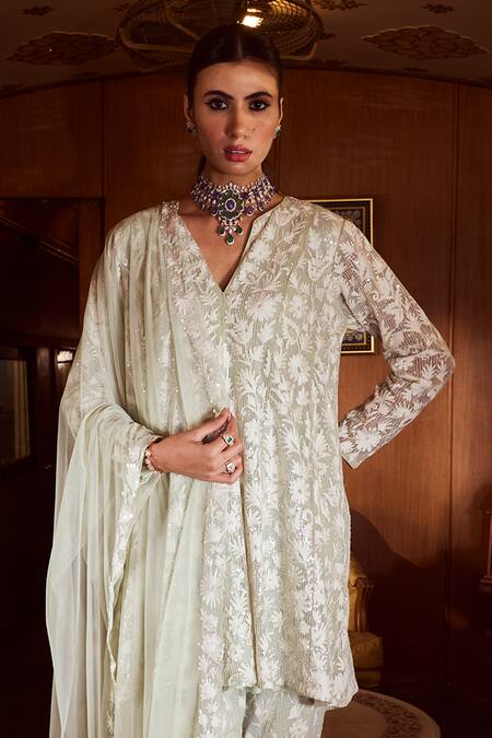 Buy Rococo Green Net Sequins, Cut Work, Embroidery Zenith Thread Short Anarkali Pant Set Online at Aza Fashions Buy_Rococo_Green Net Sequins, Cut Work, Embroidery Zenith Thread Short Anarkali Pant Set _Online_at_Aza_Fashions