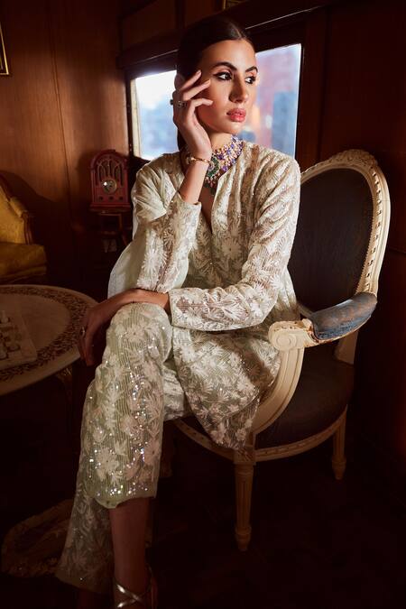 Shop Rococo Green Net Sequins, Cut Work, Embroidery Zenith Thread Short Anarkali Pant Set Online at Aza Fashions Shop_Rococo_Green Net Sequins, Cut Work, Embroidery Zenith Thread Short Anarkali Pant Set _Online_at_Aza_Fashions