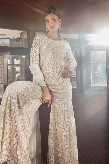 Buy Rococo Pink Net Embroidery, Sequins, Cut Seraphic Charm Thread Short Tunic Sharara Set Online at Aza Fashions Buy_Rococo_Pink Net Embroidery, Sequins, Cut Seraphic Charm Thread Short Tunic Sharara Set _Online_at_Aza_Fashions