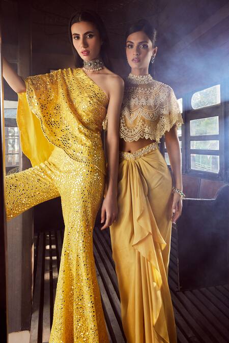 Shop Rococo Yellow Net Embroidery, Mirrors One Shoulder Ambre Tunic With Sharara Online at Aza Fashions Shop_Rococo_Yellow Net Embroidery, Mirrors One Shoulder Ambre Tunic With Sharara _Online_at_Aza_Fashions