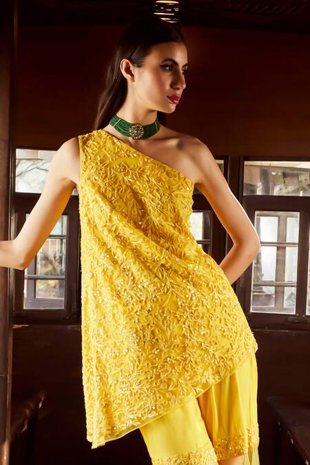 Buy_Rococo_Yellow Net Sequins, Cut Work One Scintilla Embroidered Tunic With Sharara _Online_at_Aza_Fashions