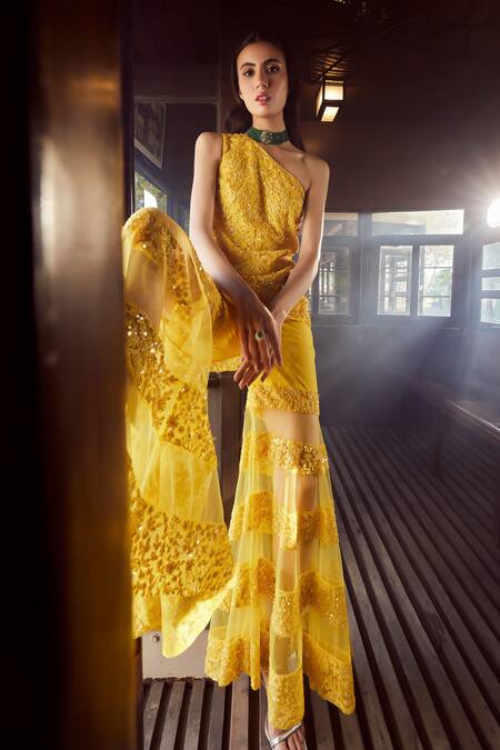 Shop_Rococo_Yellow Net Sequins, Cut Work One Scintilla Embroidered Tunic With Sharara _Online_at_Aza_Fashions