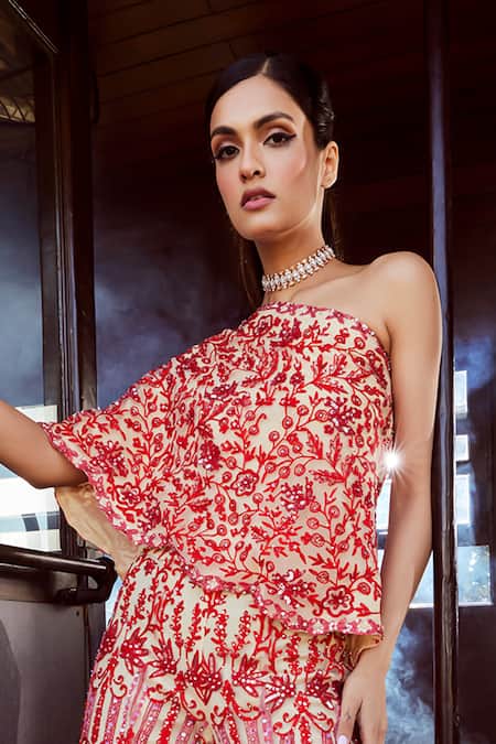 Rococo_Beige Net Sequins, Embroidery One Shoulder Meraki Cape Top And Sharara Set _Online_at_Aza_Fashions