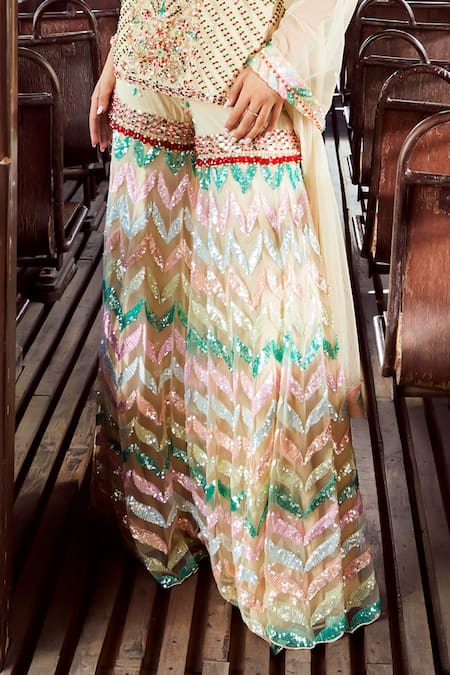 Rococo Beige Net Pearls, Zari, Embroidery, Sequins, Mirrors Caprice Kurta Sharara Set Online at Aza Fashions Rococo_Beige Net Pearls, Zari, Embroidery, Sequins, Mirrors Caprice Kurta Sharara Set _Online_at_Aza_Fashions