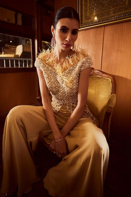 Rococo Feather Embellished Tunic & Sharara Set 