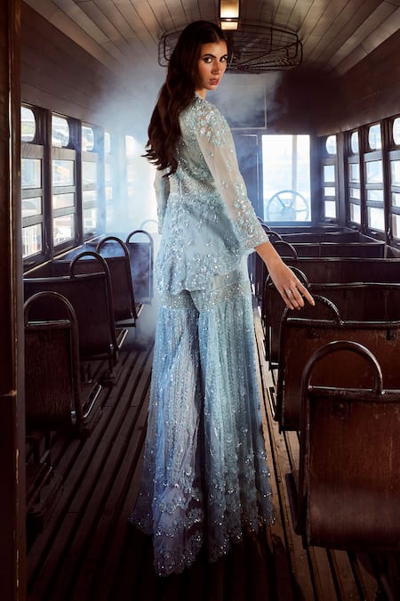 Rococo Sapphire Embroidered Peplum Tunic & Sharara Set 