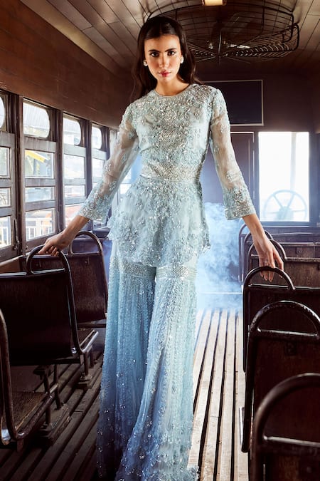Rococo_Blue Organza, Net Embroidery, Sequins Round Sapphire Peplum Tunic And Sharara Set _Online_at_Aza_Fashions