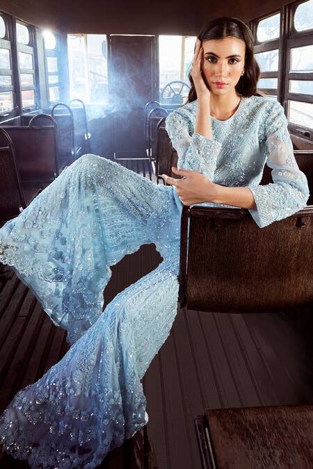 Buy_Rococo_Blue Organza, Net Embroidery, Sequins Round Sapphire Peplum Tunic And Sharara Set _Online_at_Aza_Fashions