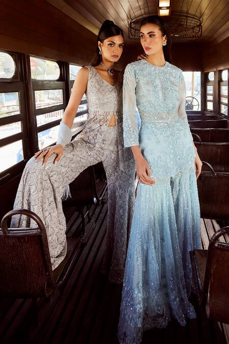 Shop_Rococo_Blue Organza, Net Embroidery, Sequins Round Sapphire Peplum Tunic And Sharara Set _Online_at_Aza_Fashions