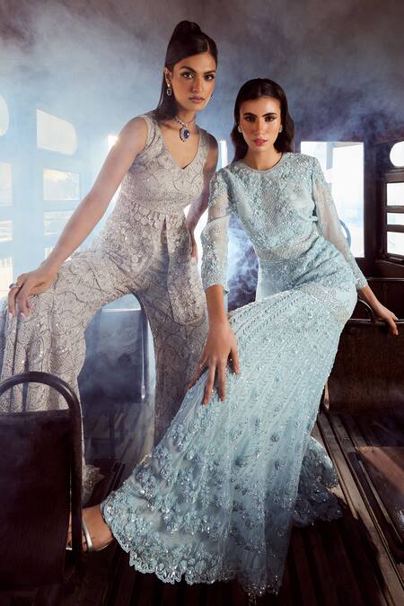 Rococo_Blue Organza, Net Embroidery, Sequins Round Sapphire Peplum Tunic And Sharara Set _at_Aza_Fashions
