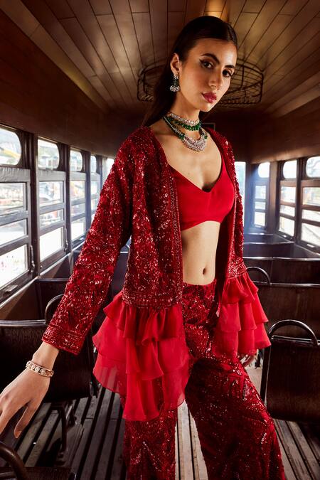 Rococo_Red Organza, Net Sequins V-neck, Genesis Embroidered Ruffle Jacket Sharara Set _Online_at_Aza_Fashions