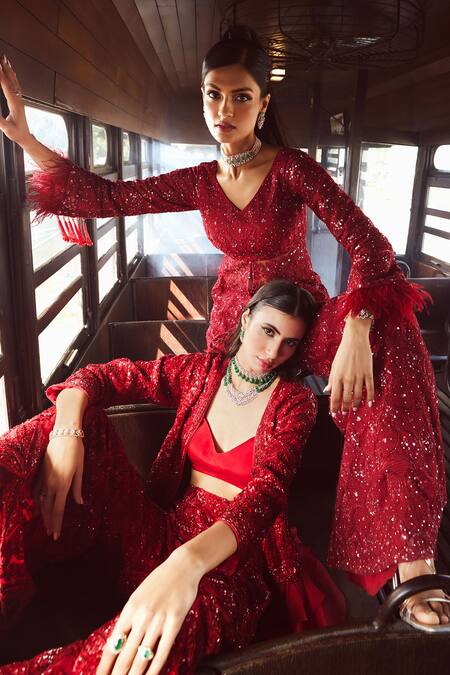 Buy_Rococo_Red Organza, Net Sequins V-neck, Genesis Embroidered Ruffle Jacket Sharara Set _Online_at_Aza_Fashions