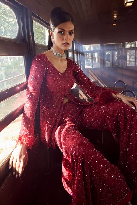 Rococo_Maroon Net Sequins, Cut Work, Embroidery V-neck Sequoia Slit Tunic Sharara Set _Online_at_Aza_Fashions
