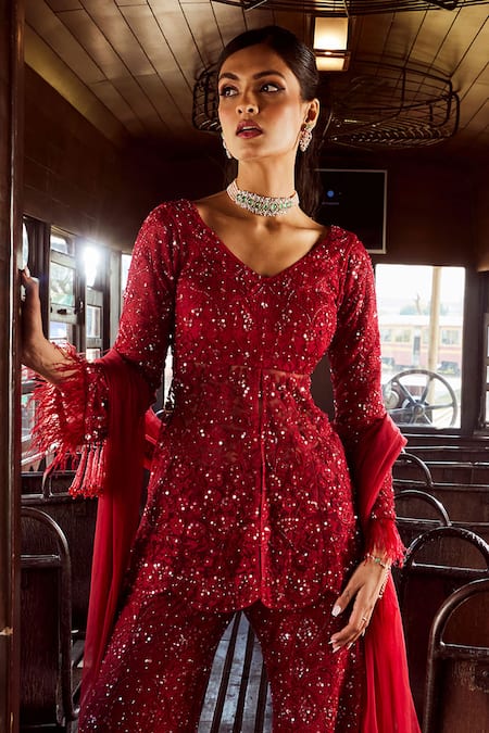 Buy_Rococo_Maroon Net Sequins, Cut Work, Embroidery V-neck Sequoia Slit Tunic Sharara Set _Online_at_Aza_Fashions