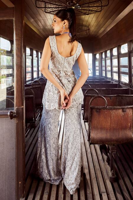 Rococo Zephyr Embroidered Slit Tunic With Sharara 