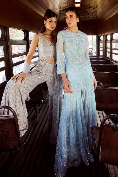 Shop_Rococo_Grey Net Sequins, Cut Work V-neck Zephyr Embroidered Slit Tunic With Sharara _Online_at_Aza_Fashions