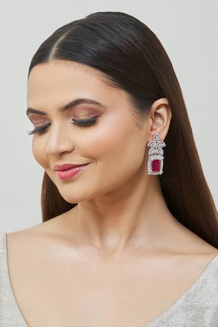 Shop_Saga Jewels_Silver Plated Diamonds, Stones Ruby Embedded Earrings_Online_at_Aza_Fashions