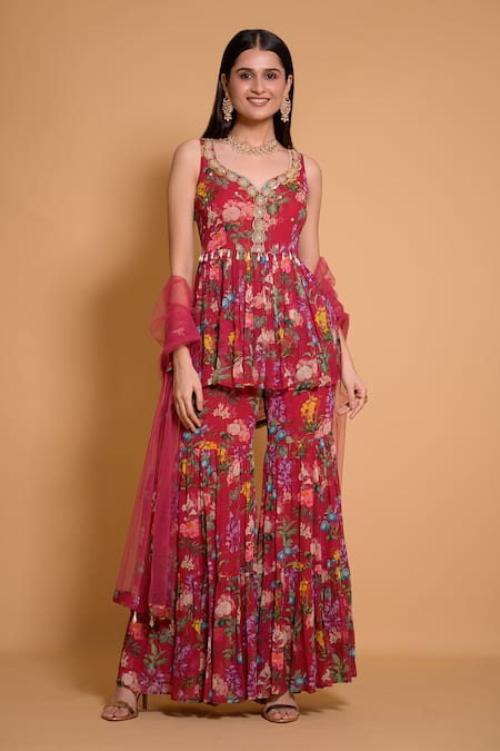 Buy Seams Pret And Couture Purple Georgette Printed Floral Leaf Afina Kurta Sharara Set at Aza Fashions Buy_Seams Pret And Couture_Purple Georgette Printed Floral Leaf Afina Kurta Sharara Set _at_Aza_Fashions