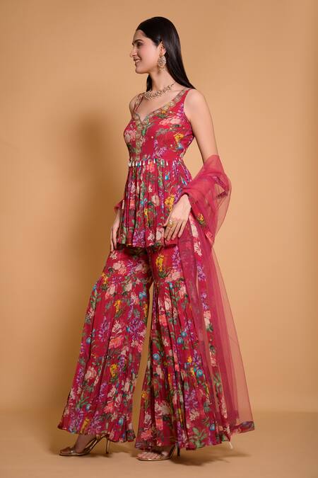 Buy Seams Pret And Couture Purple Georgette Printed Floral Leaf Afina Kurta Sharara Set Online at Aza Fashions Buy_Seams Pret And Couture_Purple Georgette Printed Floral Leaf Afina Kurta Sharara Set _Online_at_Aza_Fashions