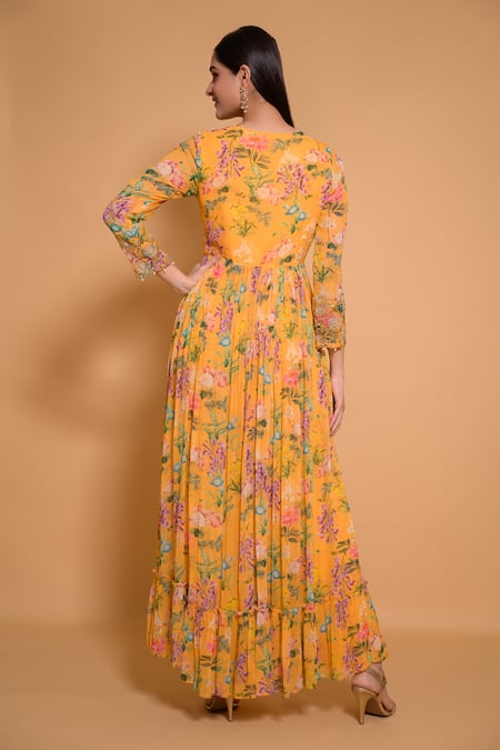 Shop Seams Pret And Couture Yellow Georgette Printed Floral Round Amber Anarkali And Pant Set at Aza Fashions Shop_Seams Pret And Couture_Yellow Georgette Printed Floral Round Amber Anarkali And Pant Set _at_Aza_Fashions