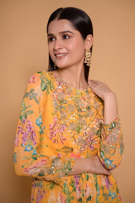 Seams Pret And Couture Yellow Georgette Printed Floral Round Amber Anarkali And Pant Set Online at Aza Fashions Seams Pret And Couture_Yellow Georgette Printed Floral Round Amber Anarkali And Pant Set _Online_at_Aza_Fashions