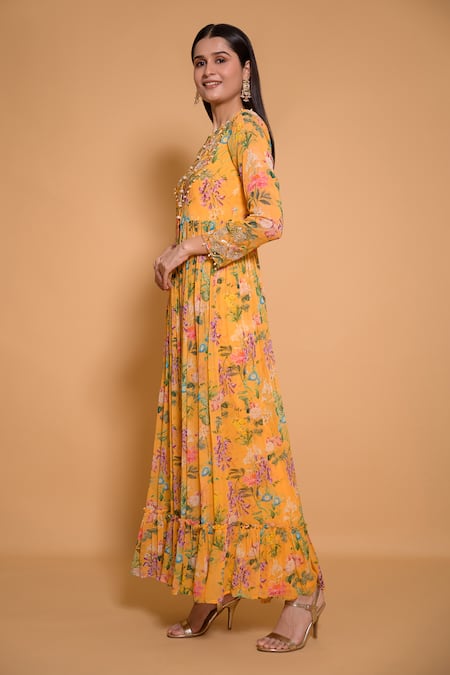 Buy Seams Pret And Couture Yellow Georgette Printed Floral Round Amber Anarkali And Pant Set Online at Aza Fashions Buy_Seams Pret And Couture_Yellow Georgette Printed Floral Round Amber Anarkali And Pant Set _Online_at_Aza_Fashions