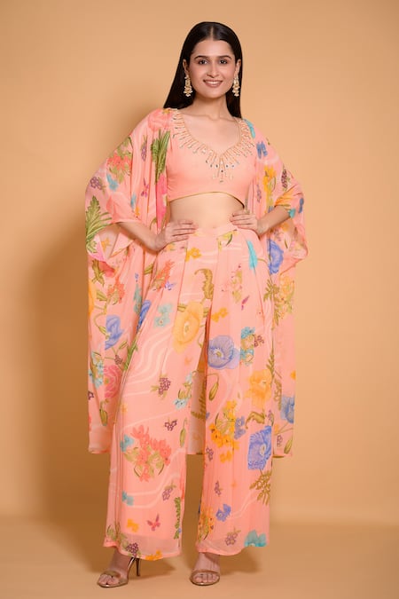 Seams Pret And Couture Peach Georgette Printed Floral Leaf Aqsa Cape And Pant Set 