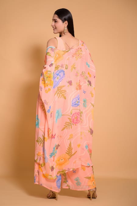Shop Seams Pret And Couture Peach Georgette Printed Floral Leaf Aqsa Cape And Pant Set at Aza Fashions Shop_Seams Pret And Couture_Peach Georgette Printed Floral Leaf Aqsa Cape And Pant Set _at_Aza_Fashions