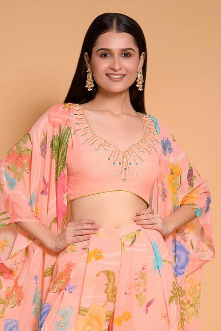 Seams Pret And Couture Peach Georgette Printed Floral Leaf Aqsa Cape And Pant Set Online at Aza Fashions Seams Pret And Couture_Peach Georgette Printed Floral Leaf Aqsa Cape And Pant Set _Online_at_Aza_Fashions