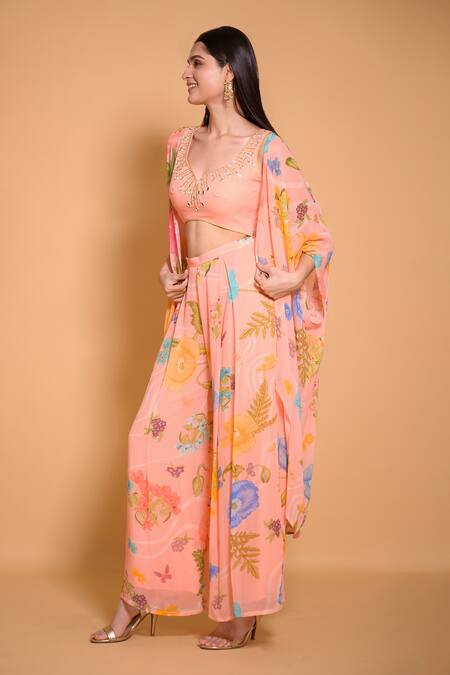Buy Seams Pret And Couture Peach Georgette Printed Floral Leaf Aqsa Cape And Pant Set Online at Aza Fashions Buy_Seams Pret And Couture_Peach Georgette Printed Floral Leaf Aqsa Cape And Pant Set _Online_at_Aza_Fashions