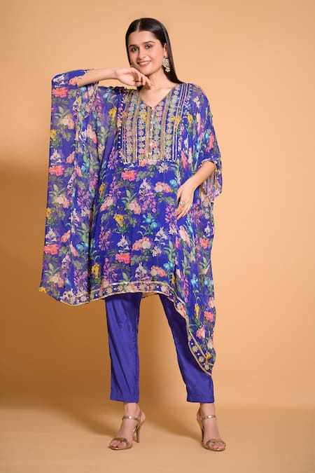 Seams Pret And Couture Blue Georgette, Satin Embroidery Azure Floral Print Kaftan Tunic And Pant Set 