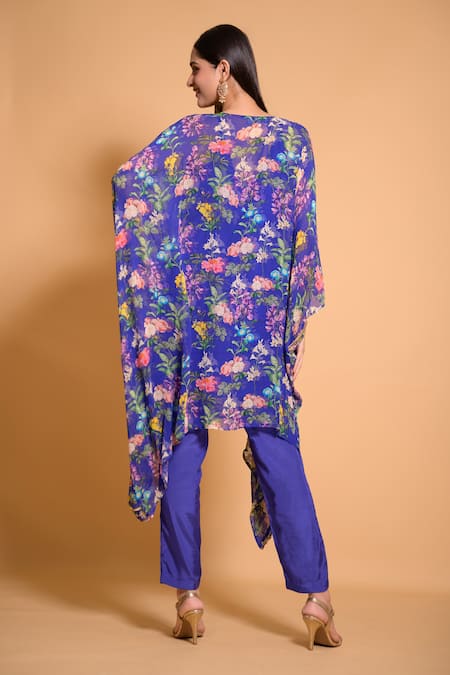 Shop Seams Pret And Couture Blue Georgette, Satin Embroidery Azure Floral Print Kaftan Tunic And Pant Set at Aza Fashions Shop_Seams Pret And Couture_Blue Georgette, Satin Embroidery Azure Floral Print Kaftan Tunic And Pant Set _at_Aza_Fashions