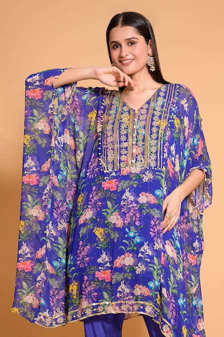Seams Pret And Couture Blue Georgette, Satin Embroidery Azure Floral Print Kaftan Tunic And Pant Set Online at Aza Fashions Seams Pret And Couture_Blue Georgette, Satin Embroidery Azure Floral Print Kaftan Tunic And Pant Set _Online_at_Aza_Fashions
