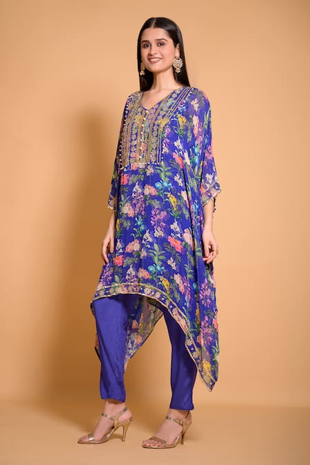 Buy Seams Pret And Couture Blue Georgette, Satin Embroidery Azure Floral Print Kaftan Tunic And Pant Set Online at Aza Fashions Buy_Seams Pret And Couture_Blue Georgette, Satin Embroidery Azure Floral Print Kaftan Tunic And Pant Set _Online_at_Aza_Fashions