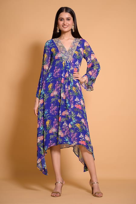 Seams Pret And Couture Blue Georgette, Satin Embroidery V-neck Calendonia Asymmetric Dress 