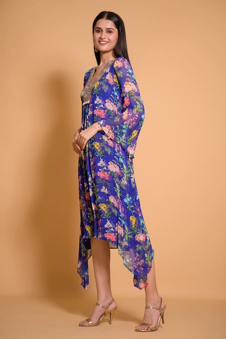 Shop Seams Pret And Couture Blue Georgette, Satin Embroidery V-neck Calendonia Asymmetric Dress at Aza Fashions Shop_Seams Pret And Couture_Blue Georgette, Satin Embroidery V-neck Calendonia Asymmetric Dress _at_Aza_Fashions