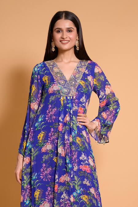 Seams Pret And Couture Blue Georgette, Satin Embroidery V-neck Calendonia Asymmetric Dress Online at Aza Fashions Seams Pret And Couture_Blue Georgette, Satin Embroidery V-neck Calendonia Asymmetric Dress _Online_at_Aza_Fashions